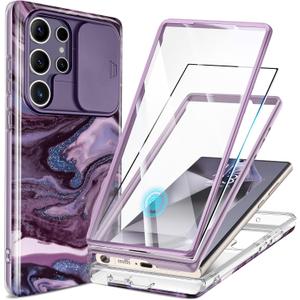 GVIEWIN for Samsung Galaxy S24 Ultra Case, [Slide Camera Cover & Built-in Screen Protector] [2 Front Frame] Military Grade Shockproof Marble Phone Case for S24 Ultra 6.8" (Quicksand/Purple)