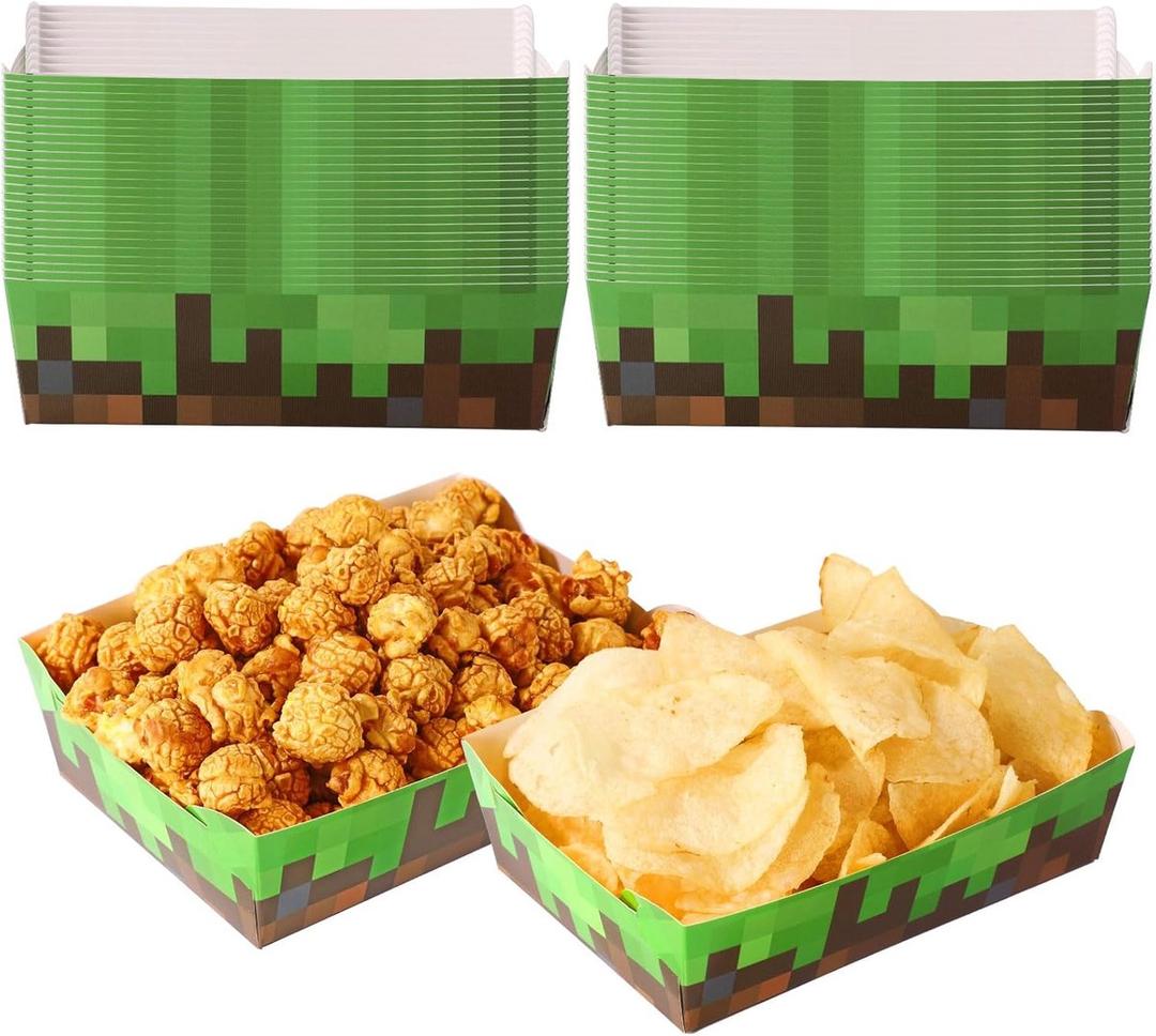 BOXOB 36pcs Pixel Party Food Trays, Brown and Green Pixel Miner Theme Trays Practical Paper Food Snack Displaying and Storing Plates Supplies for Birthday Decorations Green Miner Theme Party Favors