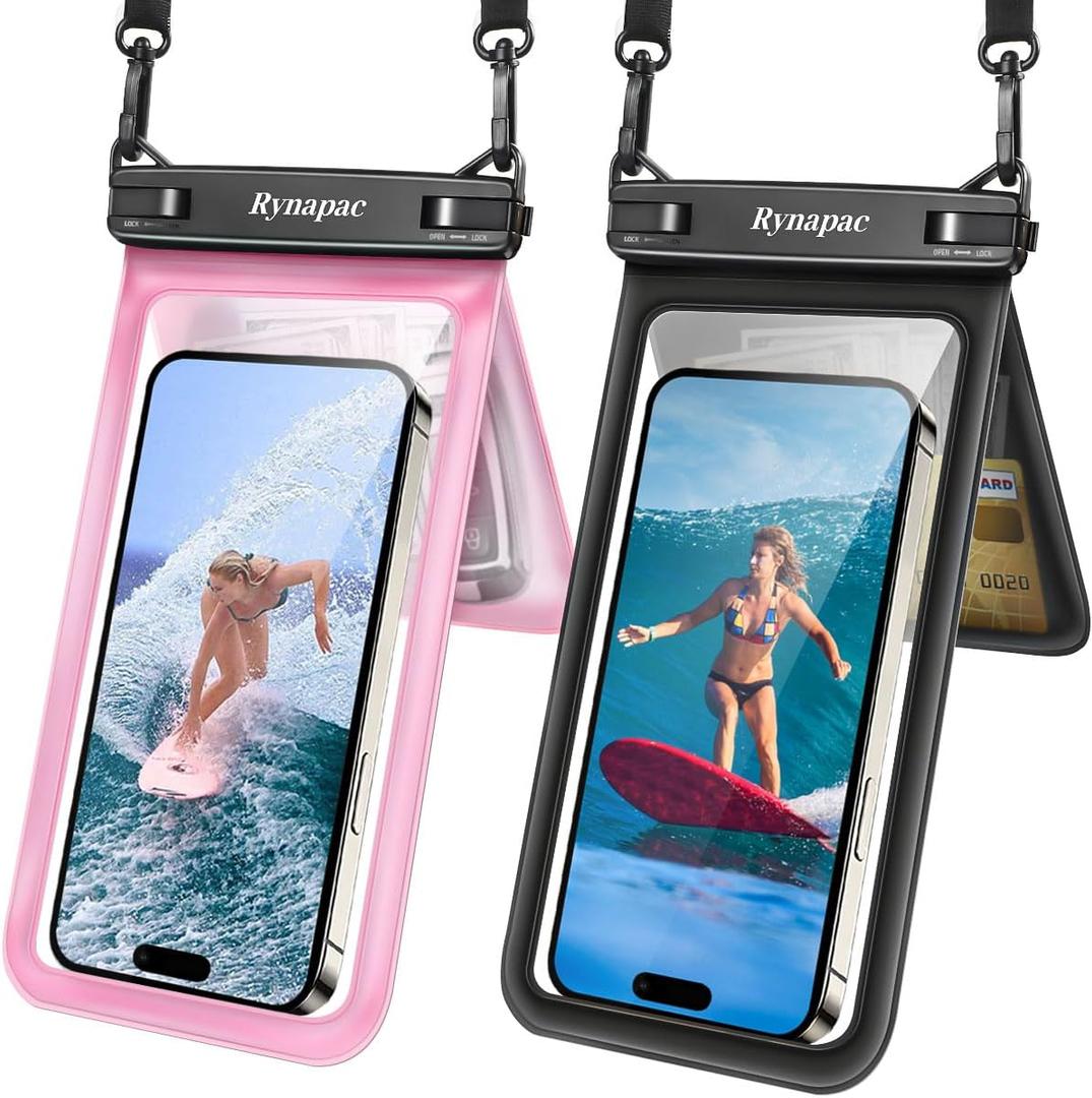 Waterproof Phone Pouch, [Up to 8.5''] Double Space Waterproof Phone Case with Lanyard for iPhone 17 16 15 Pro Max Galaxy S25 Ultra Pixel 10 Pro, Cellphone Dry Bag for Beach Vacation, 2 Pack (Black&Pink)