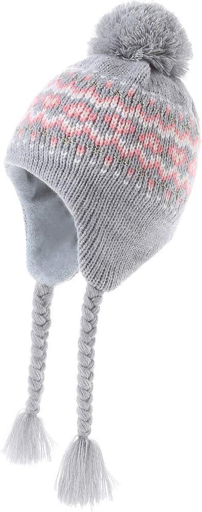 Moon Kitty Girls Knit Hats Winter Fleece Lining Skiing Winter Caps with Warm Ear Flap (3-5T, Gray+pink)