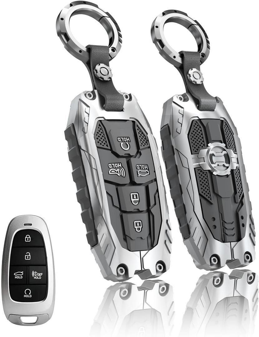 Heavy Key Fob Cover for Hyundai, Key Fob Case Protector Accessories Fits for 2022 2023 2024 2025 Hyundai Sonata Tucson Santa Cruz (5 Buttton-Silver)