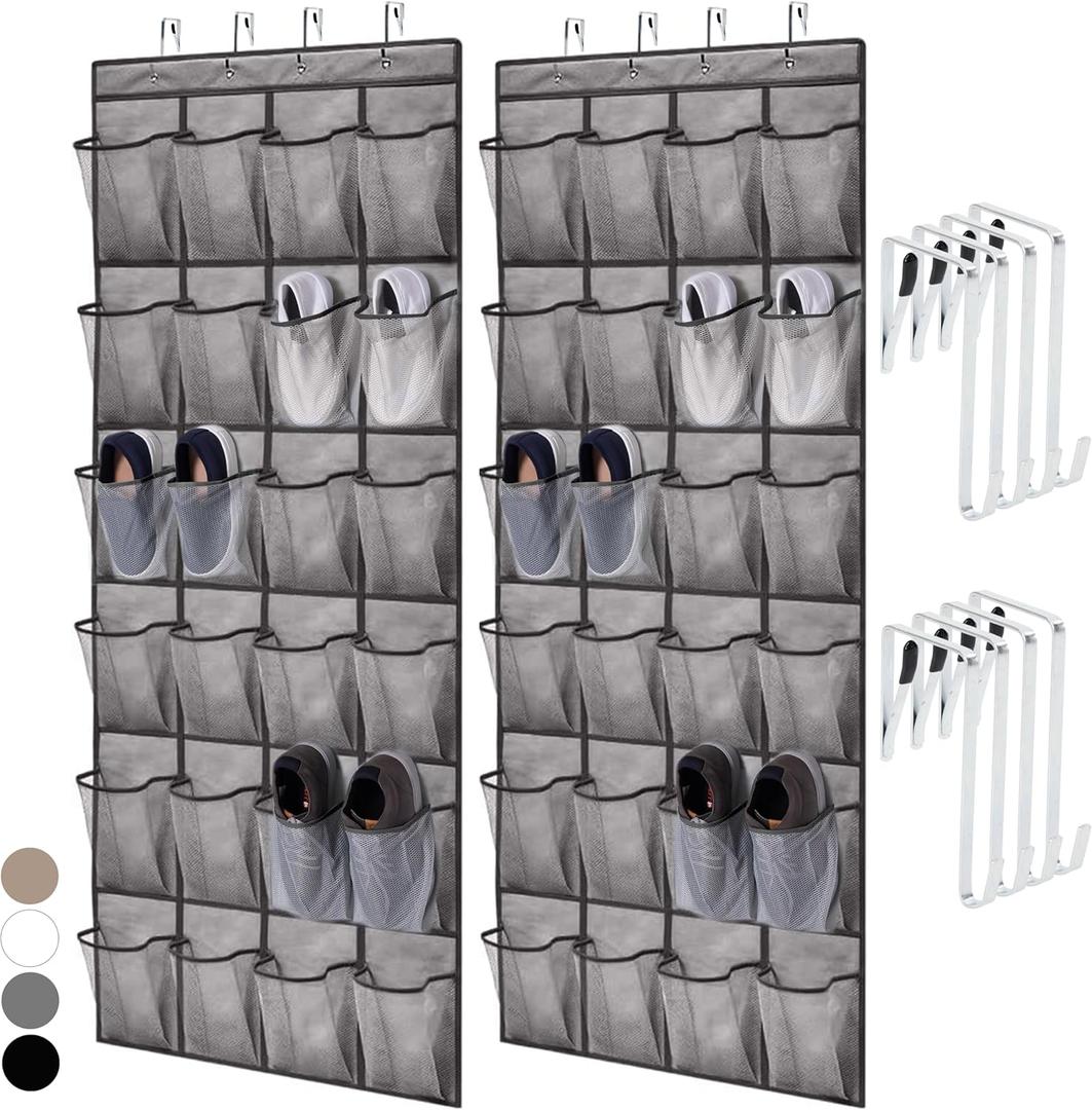 HOME GENIE Over the Door Hanging Shoe Organizer, 2 Pack, 24 Breathable Mesh Pockets, Closet Rack Storage Holder Stay in Place Hooks Hang on Closets, Hanger Holds Up to 40 lbs, Shoes, Accessories, Gray