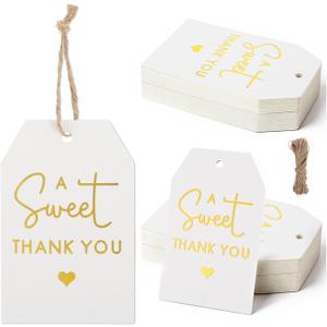 50Pcs Sweet Thank You Tags with String, Gold Foil Gift Tags Thank You Tag for Party Favors, 3x2 in White Paper Gift Tag for Christmas Wedding, Baby Shower, Birthday, Anniversary, Gifts Wrap
