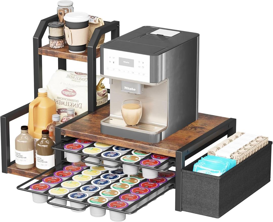 Homeiju Coffee Pod Holder Drawer for K-Cup, Nespresso Pods Holder with Side BasketK Cup Holder Holds 60 K-Cups & 10 Syrup Bottles, Sliding Storage Drawer and Countertop Storage