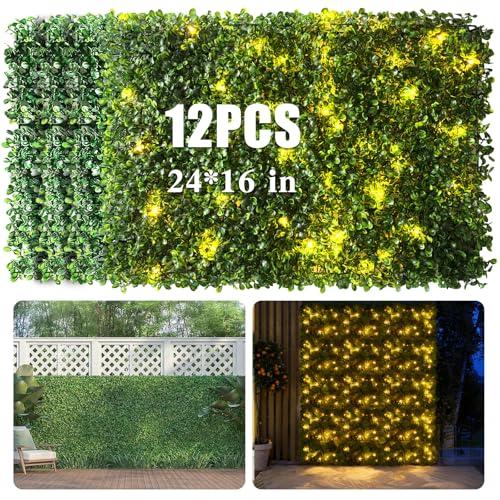 Artificial Boxwood Wall Panels with Lights, 12 Pack 24"x16" High‑Density Greenery Wall Panels for Privacy Fence Screen, Balcony Privacy & Greenery Backdrop Indoor Outdoor Decor
