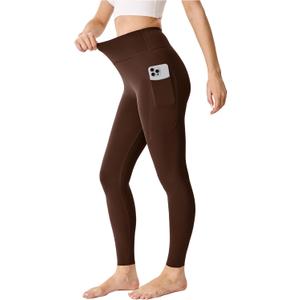 High Waisted Leggings for Women 25"/28" Inseam with Pockets Tummy Control Buttery Soft Yoga Pants (Brown, XS)