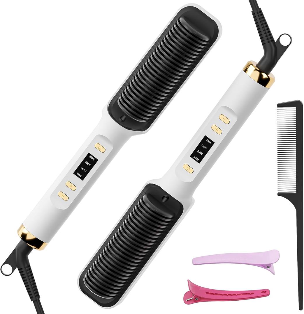 Hair Straightener Brush, Hair Straightening Iron with Built-in Comb, 4 Temp Settings & LED Display & Anti-Scald & Auto-Off Safety, Perfect for Fine, Soft Hair, Top Choice for Valentine's Day Gifts