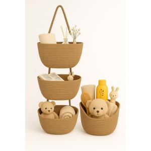 Japanese Handmade Cotton Rope Hanging Basket Organizer  3 Tier Wall boho Storage Organizer for Toys , Snacks & Dcor  Eco-Friendly Coiled Weaving Craft, Housewarming & Shower Gift (brown)