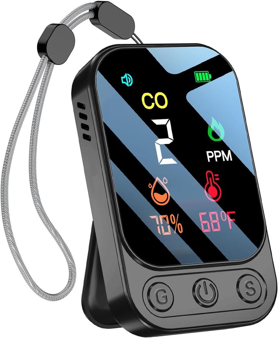 Portable Carbon Monoxide Detectors [3-in-1] Mini Size CO Monitor with Kickstand & Lanyard 85 dB Alarm [CO Temperature Humidity Sensor] for Indoor Outdoor Camping Travel RV Hotel (Dark Grey)