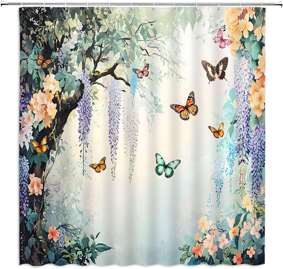 Floral Butterfly Shower Curtain Rustic Purple Weeping Wisteria Blossom Watercolor Flower Green Leaves Spring Garden Nature Scenery Bathroom Decor Polyester Curtains with Hooks,70Wx70L
