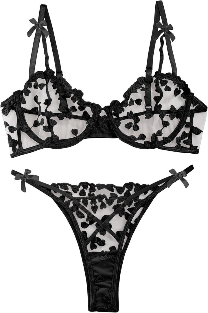 Lilosy Sexy Underwire Cute Push Up Strappy Embroidered Mesh Sheer Lingerie Set See Through Panty Bra (Small, Bow Black)