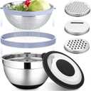 HaWare Mixing Bowl with Colander, 4-1 Stainless Steel Bowl Set with Lids & 3 Pcs Nesting Graters, Rotatable Food Strainer for Rinsing Fruits Vegetables, Non-Slip Bottom, Black