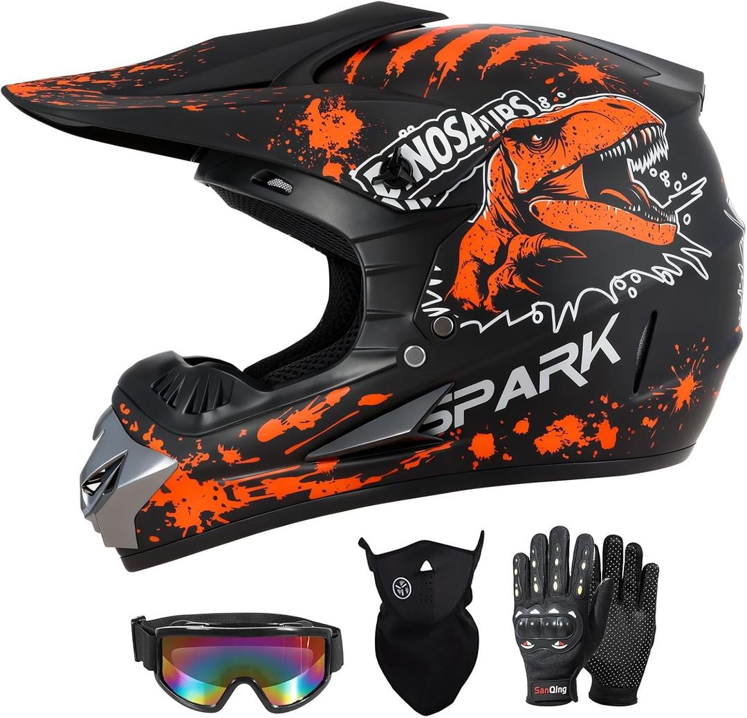  SPARK DOT Certified Kids Youth Dirt Bike ATV Motocross Helmet with Dinosaur, Dino Orange, Medium