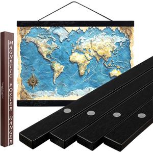 DACRI HOME 50" Sturdy Magnetic Poster Hanger Frame 50x32 50x60 Teak Wood Poster Frame, Strong Magnets for Easy Hanging Map Picture Canvas Print Scroll Wall Art (50 Inch, Black)