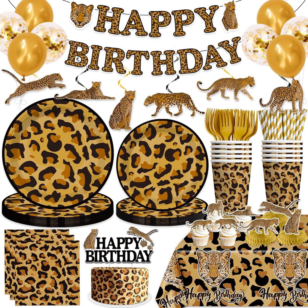 cocomigo 204Pcs Cheetah Birthday Decorations Tableware Set Serves 25 Guests, Cheetah Print Supplies Include Banner, Plates, Balloons and Tablecloth Etc, for Leopard Birthday Decorations