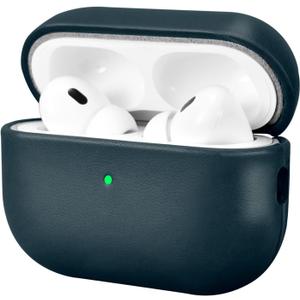 ICARERFAMILY Leather Case for AirPods Pro 2 (2022), Genuine Leather Shockproof Protective Cover for AirPods Pro 2 Earphones Charging Case (LED Visible) Support Wireless Charger Blue (Standard)