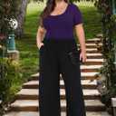 Lastshe Women Plus Size Bodysuit Short Sleeve Scoop Neck Casual Slim Fit Stretchy Bodysuits (Purple, XXL)