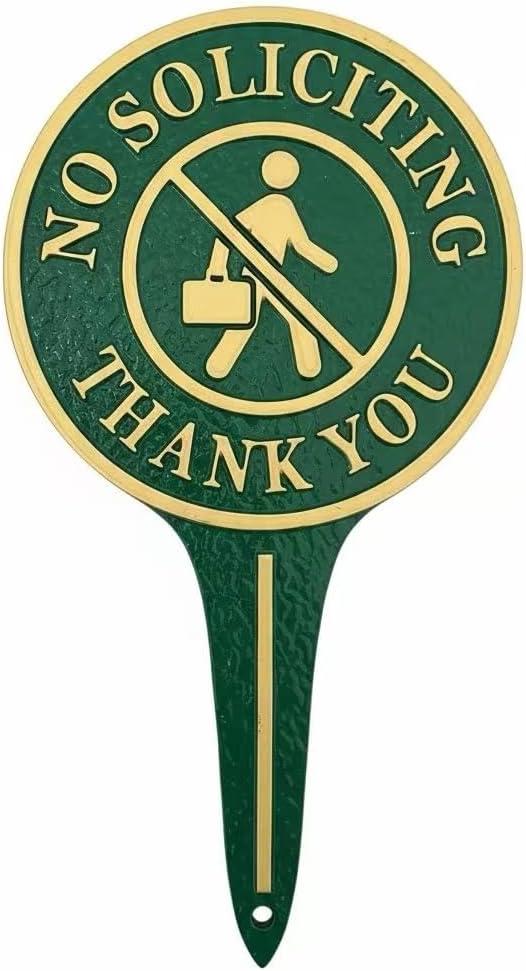 No Soliciting Thank You Yard Sign, Green and Gold Aluminum Metal Lawn Sign, Heavy-Duty 11.22" x 6.18" Round Sign with Raised Letters, Integrated Ground Stake for Easy and Stable Installation.