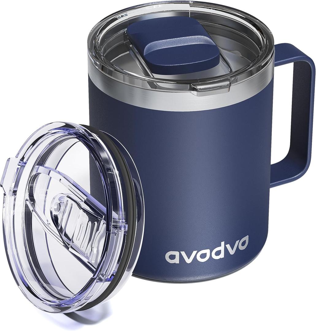12oz Insulated Coffee Mug with Lid  Includes Two Lids, Stainless Steel Coffee Travel Mug with Handle, Double Wall Vacuum Insulated Camping Mug for Home, Office & Outdoor, Navy Blue