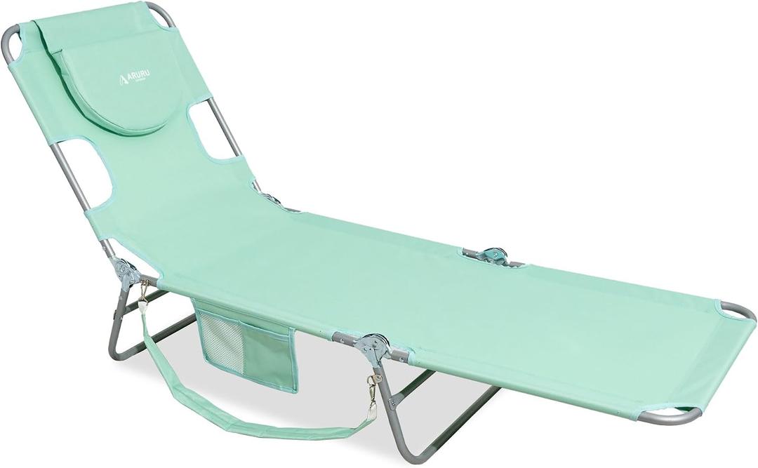 Beach Lounge Chair, Outdoor Chaise Lounger with Face Hole, 5-Position Reclining Beach Chair Face Down Tanning Chair with Carry Strap,Side Pocket, Portable Camping Cot for Patio,Poolside, 27 x 21.7 x 3.5 inches