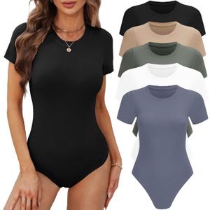 BALENNZ 5 Pack Bodysuits for Women Short Sleeve Round Neck Bodysuit Tops Crew Neck Basic Casual Tshirt Bodysuits Small