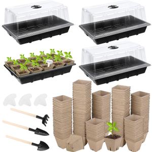 Hahood 4 Pack Seed Starter Tray Kit, 120 Square Seed Peat Pots for Seedlings with Plants Labels, Planting Tools, Plastic Growing Germination Trays with Lids for Indoor Outdoor Gardening, Black, 15 x 9.4 x 3.9 inches