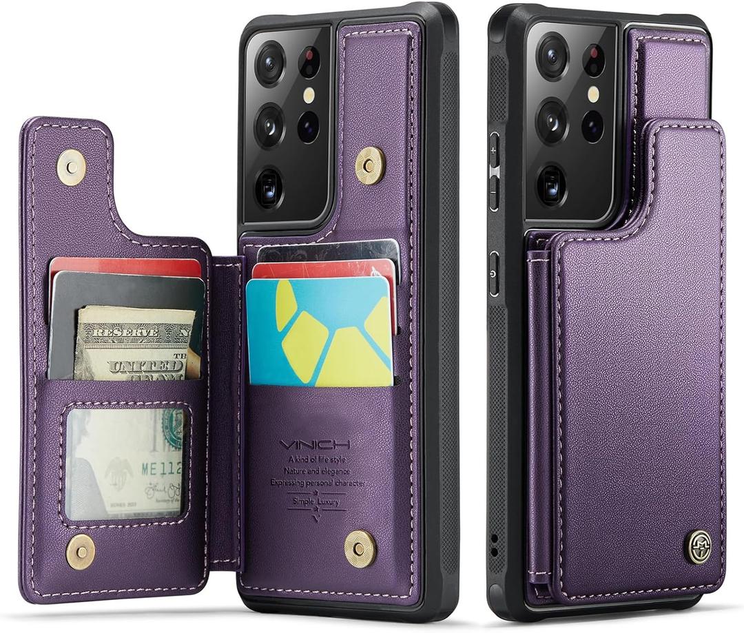 Vinich for Samsung Galaxy S21 Ultra Wallet Case with Card Holder, RFID Blocking Credit Slots Kickstand Shockproof Phone Cover for Women Men, Purple