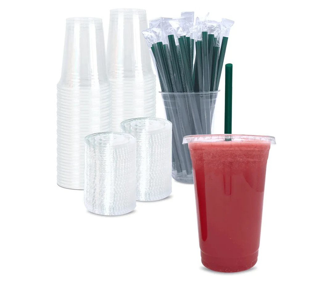 20 oz Clear Plastic Cups with Lids and STRAWS, Disposable Drinking Cups for Cold Drinks, Iced Coffee, Milkshakes, Smoothies, 25 Sets