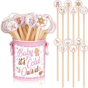 121 Pcs Christmas Wooden Coffee Stirrers with Holder and Wood Cocktail Coffee Stir Sticks Baby It's Cold Outside Disposable Drink Stirrers for Stirring Hot Restaurant Home Office(Pink)