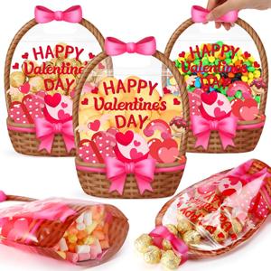 Fuutreo 50 Pcs Valentine's Day Gift Bags Heart Basket Treat Bags with Handles Reusable Plastic Favor Pouches for Holiday Candy Wrapping, Party Goodie Supplies, and Romantic Gift Decor(Pink Heart)