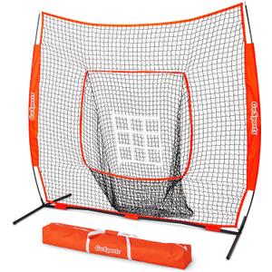 GoSports 7 ft x 7 ft Baseball & Softball Nets - Red, Black, Drip or PRO - Practice Hitting & Pitching Net with Bow Type Frame, Carry Bag and Strike Zone, Great for All Skill Levels, Regulation