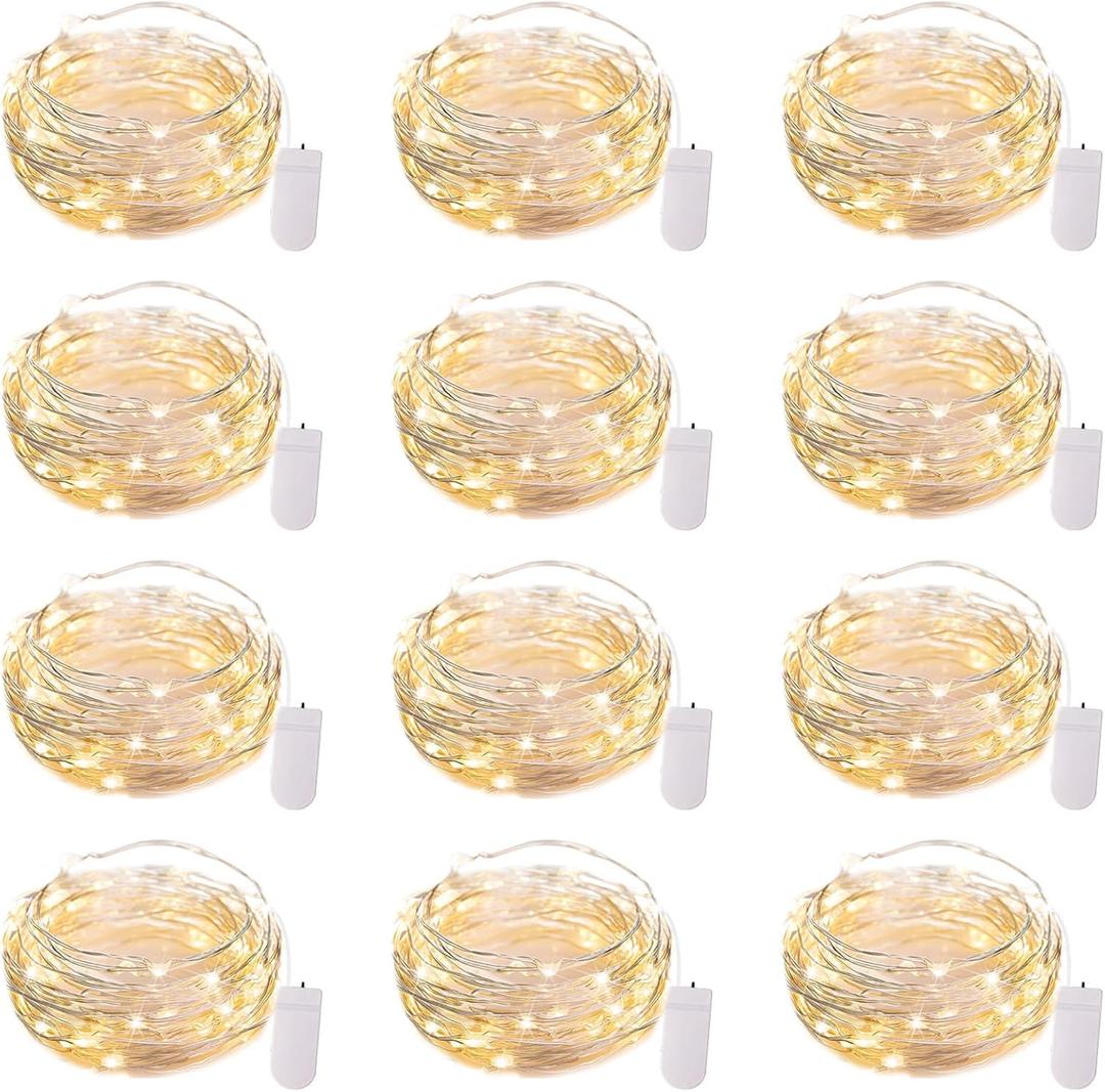 Brightown 12 Pack LED Fairy Lights Battery Operated String Lights - 7ft 20LED Waterproof Silver Wire Firefly Starry Moon Lights for DIY Crafts Wedding Table Centerpieces Party Bedroom Christmas (Warm White)