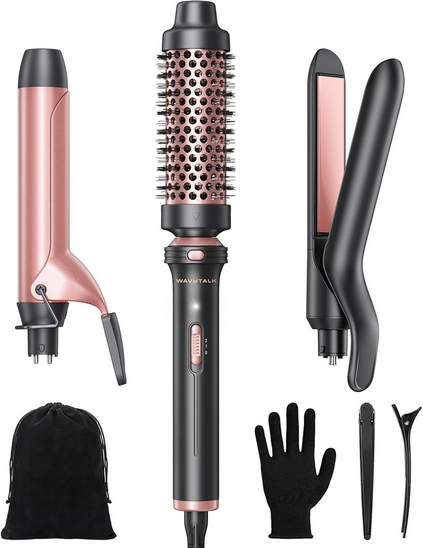 Wavytalk 3 in 1 Curling Wand Set, Multi Curl, Curling Iron Set with Heated Round Brush, Flat Iron Hair Straightener, 1 1/4 inch Curling Iron, Dual Voltage Hair Curler (Rose Gold)
