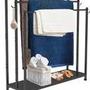 Extra Large Free Standing Towel Rack with Metal Storage Shelf & 6 Hooks for Bathroom, 3 Tiers Heavy Duty Blanket Drying Stand Holder for Outdoor Pool, Bedroom, Living Room, Black