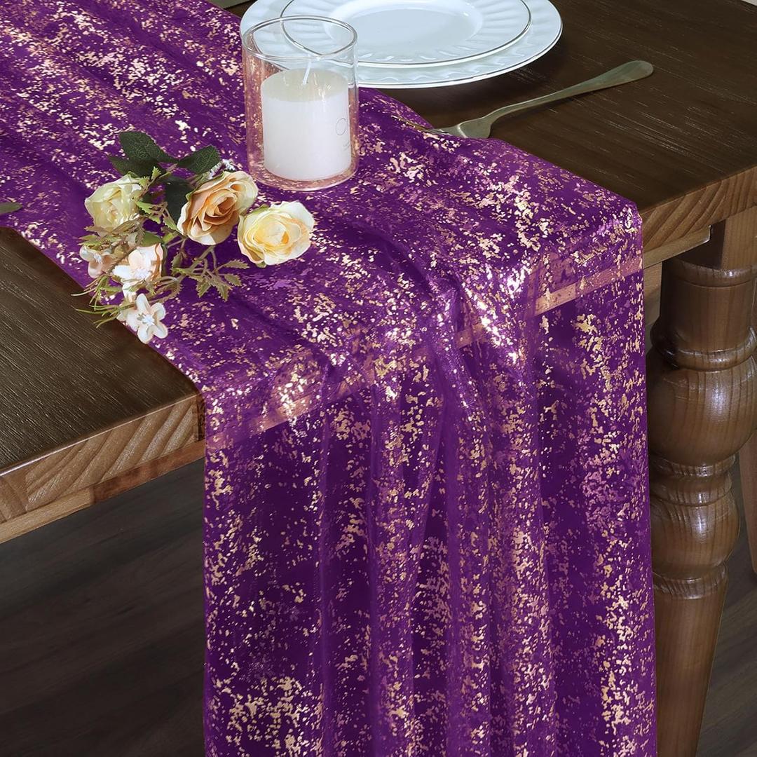 Horbaunal 4 Pack Purple Gold Gauze Table Runners 10 FT, Sheer Chiffon Tulle Cheesecloth Runner with Golden Glitter Metallic Foil, Purple Table Runner for Wedding Birthday Baby Shower Party Decorations, 28" W x 120" L