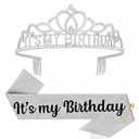 Silver-Black Crown and Sash for Women, Birthday Tiara Headband, Happy Birthday Hat, Party Favors Gift