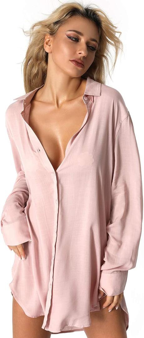 TOUSYEA Sleep Shirts for Women Button Down Shirts Long Sleeve Sleepwear Swimsuit Cover Ups Soft Pajama Tops Pink S