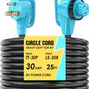 CircleCord 30 Amp 25 Feet RV Power Cord with 90 Right Angle Twist Locking, Heavy Duty 10 Gauge STW Pure Copper Wire with Grip Handle, TT-30P to L5-30R with Cord Organizer for RV Trailer Campers