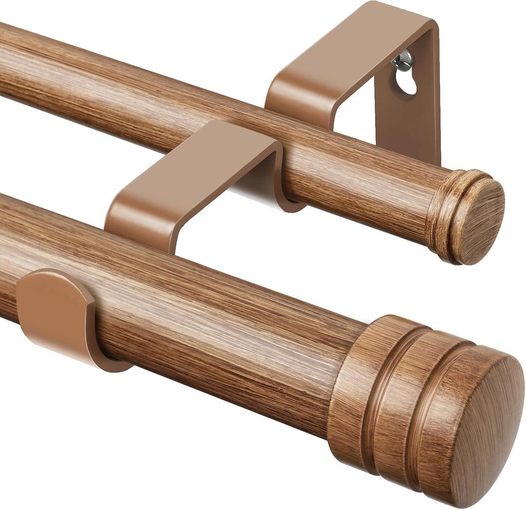 TONIAL 1 Inch Double Curtain Rods for Windows, 140 to 180 Inch, Wood Grain