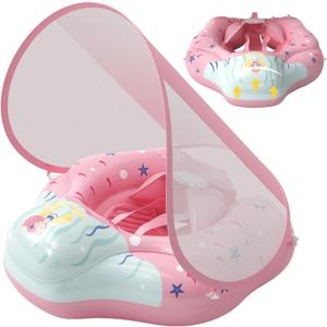 Baby Float with Canopy, Inflatable Non-Slip Adjustable Safe Baby Swimming Float with Pump for Girls Boys, Large Children's Swimming Ring, Underarm Ring..