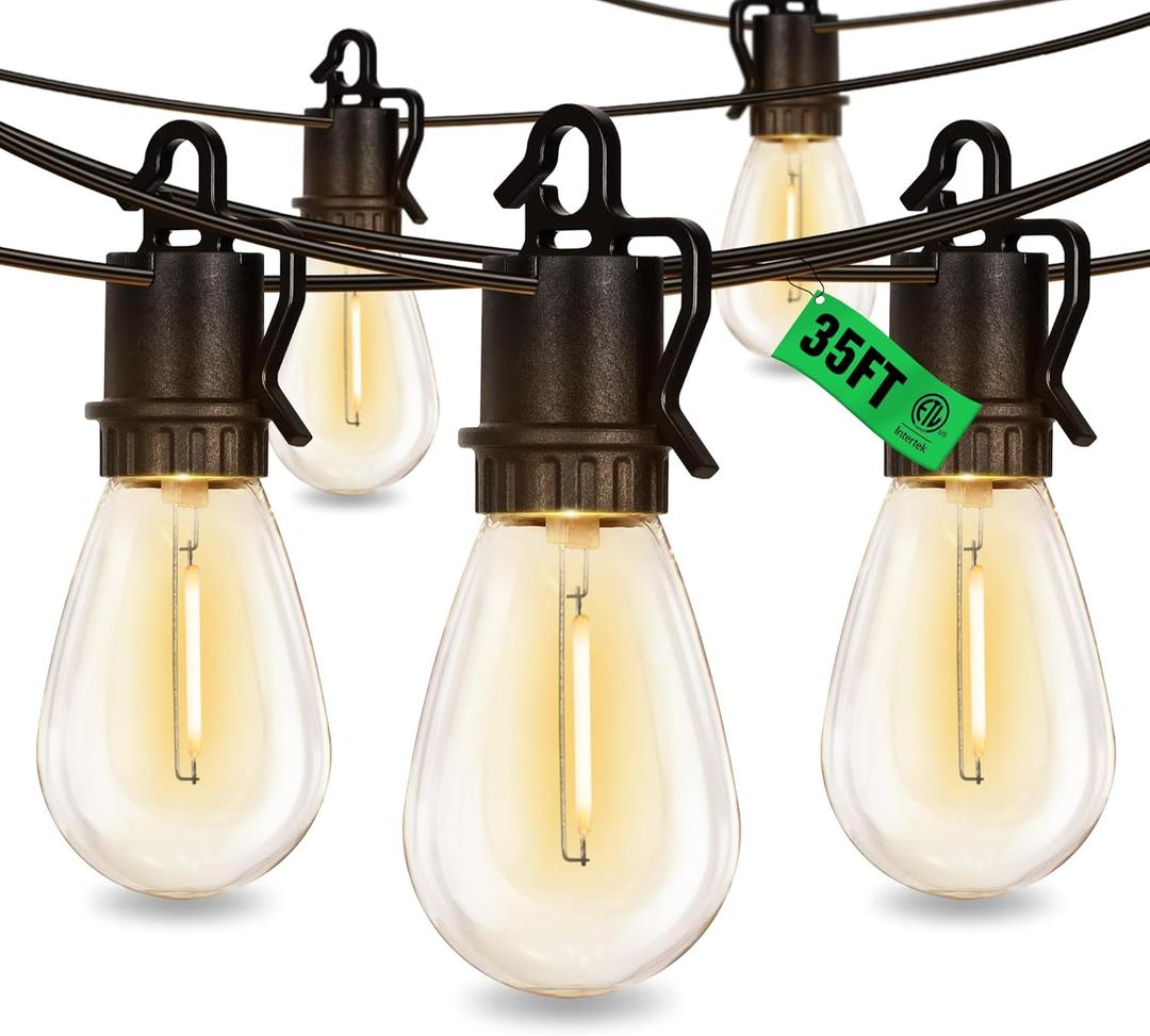 35FT Outdoor String Lights with 15 Shatterproof S14 Vintage Edison Bulbs E12 Sockets,2700K Dimmable Outdoor Lights,IP55 Waterproof LED String Lights for Outside, Patio, Garden, Backyard,Bistro