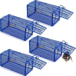 Qualirey 4 Pcs Humane Rat Trap Chipmunk Squirrel Cage Trap Foldable Rodent for Small Live Animal Voles Hamsters Catch and Release for Kitchen Yard Garage Indoors Outdoors (Blue)