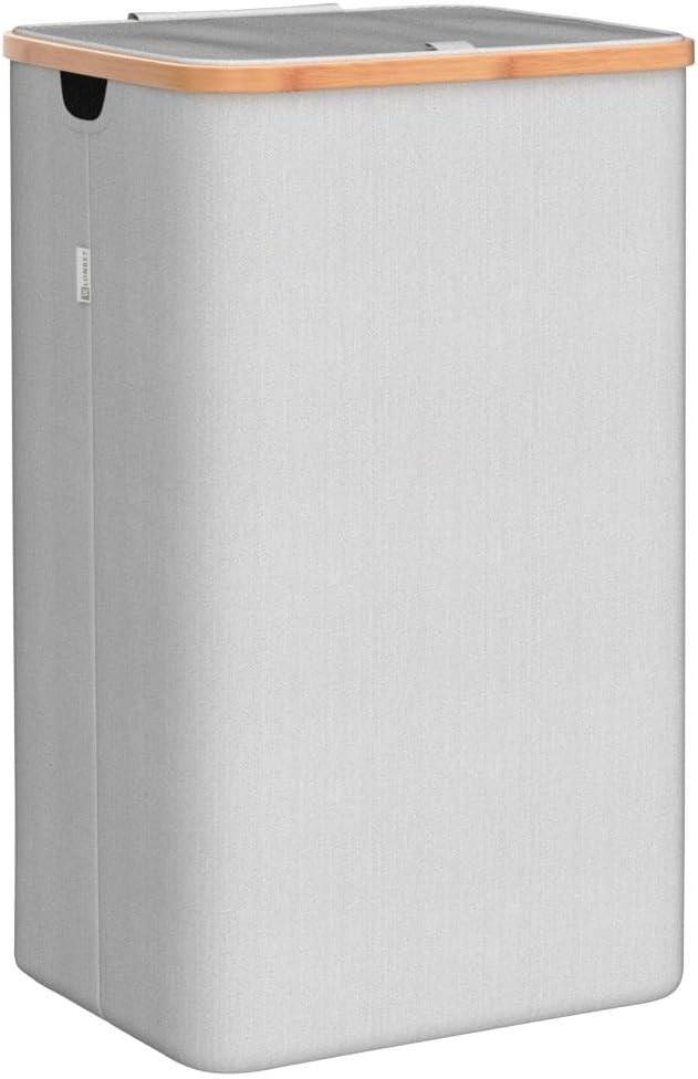 LONBET Laundry Basket with Lid, Made from Breathable Fabric | Aesthetic Clothes Hampers for Laundry with Side Handles & Sturdy Bamboo Frame (13 Gallons - Box, Light Gray)