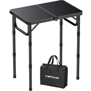 VINTEAM Camping Folding Table with Adjustable Height, Lightweight Portable Outdoor Picnic Table, BBQ Grill Side Table, Durable Aluminum Frame, MDF Desktop for Camping, Fishing, RV, Beach (Black)