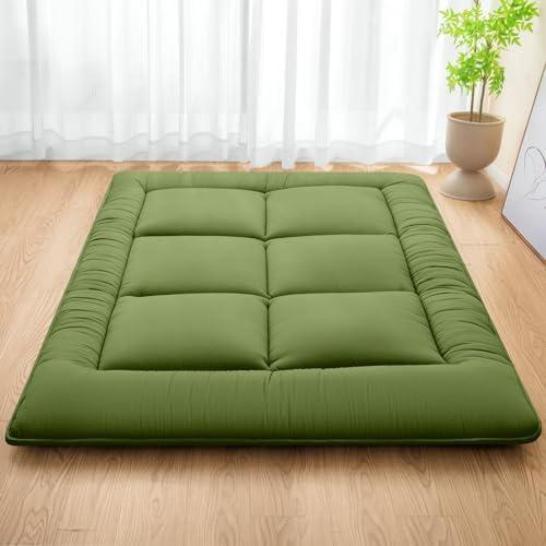 MASVIS Japanese Futon Mattress,Floor Mattress Thicken Sleeping Mattress Foldable & Portable Roll up Camping Mattress,Army Green,Queen