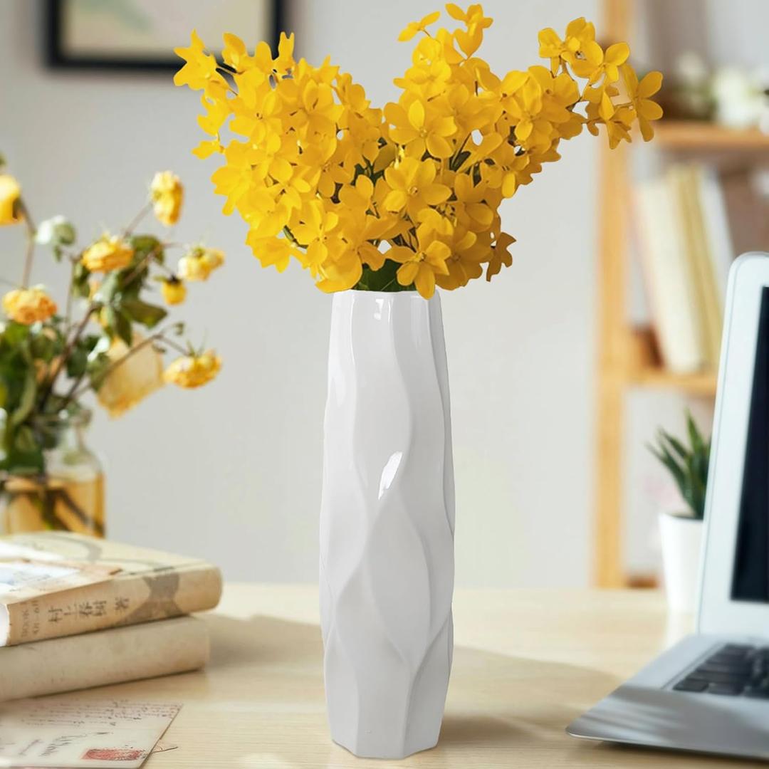 White Ceramic Flower Vase,12 Inch Tall Modern Textured Vases for Home Decor,Farmhouse,Table Centerpieces,Shelf,Living Room Decorations Large Minimalist Pattern Vase for Pampas Grass Flower (Shape 8)