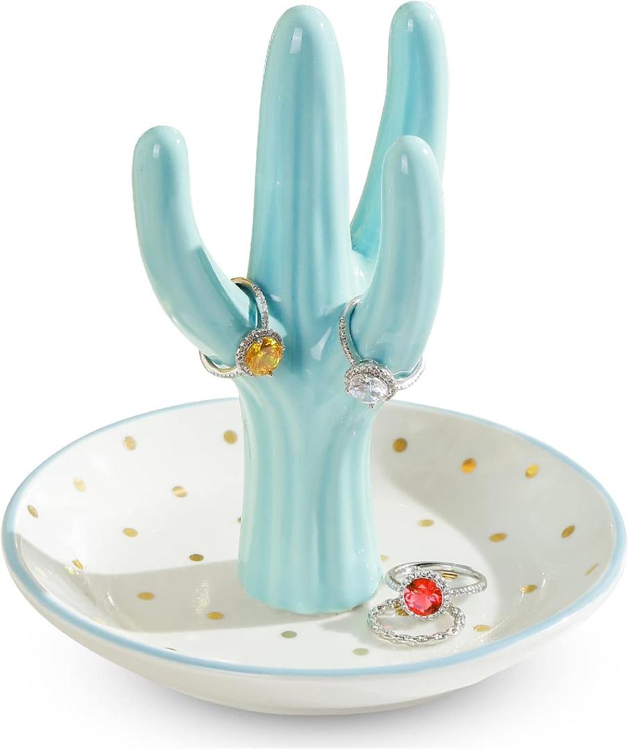 PUDDING CABIN Cactus Ring Holder, Birthday Gift for Women Her Mom Friend Female, Macaron Jewelry Dish with Dots Ins Room Decor Jewelry Dish for Rings Earrings Bracelets Necklace Organizer