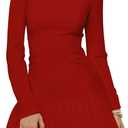 Women's Long Sleeve Mini Dress Sexy Boat Neck Pleated A-line Party Dresses (Red, L)