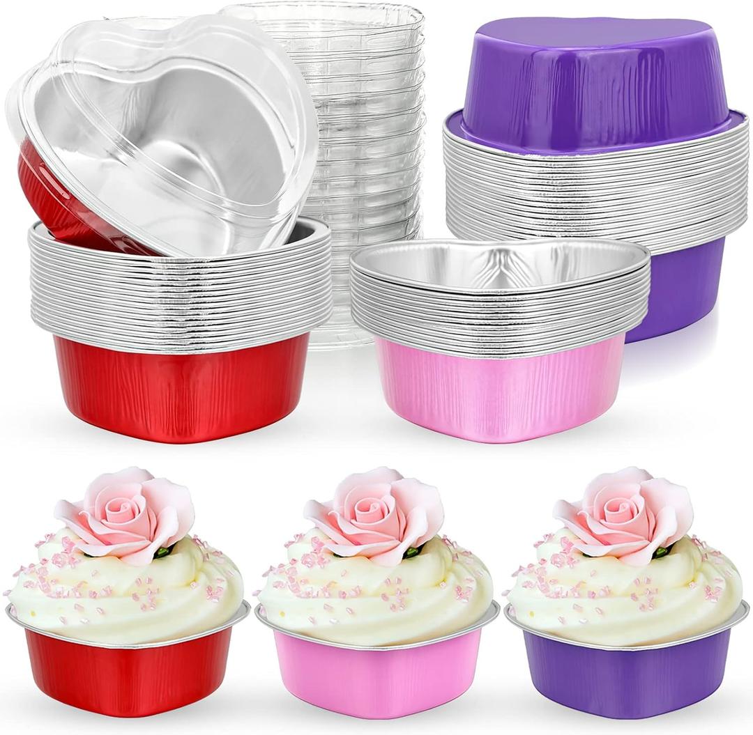 Honeydak Heart Shaped Mini Cake Pan Valentine's Day Aluminum Foil Small Cake Cup with Lids 100 Ml/ 3.4 Ounces Disposable Desserts Baking Tins for Mother's Day Wedding Parties, 3 Colors(24 Sets)