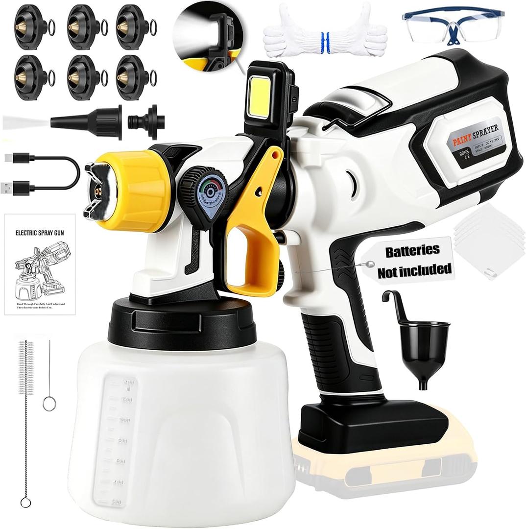 Cordless Paint Sprayer Compatible with DEWALT 20V MAX Battery (1400ML) | 1*LED Light, 6 Nozzles, HVLP Portable Spray Paint Electric for House Painting, Furniture, Cabinets, Outdoor (No Battery)